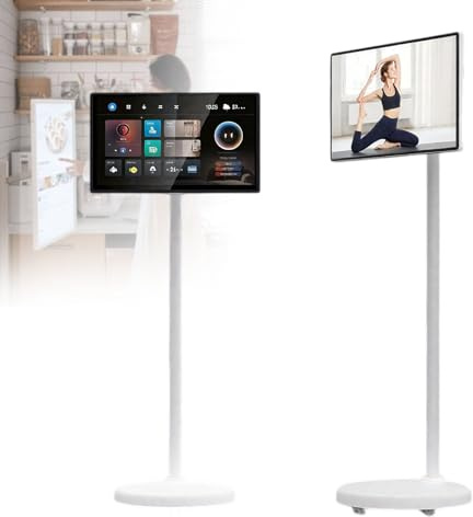 URJWAN Portable TV on Wheels 1080P,Rotating Touchscreen Monitor Portable Tablet with Base,Built-in 6000mAhBattery, Wireless Mirroring, Built-in Battery (5-8H) 32-8/128G