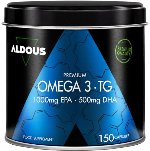 Omega 3 Capsulas Premium - 1000 mg EPA y 500 mg DHA - 150 Cápsulas | Trigliceridos de Alta Biodisponibilidad - Aceite de Pescado Omega3 1500mg- Tensión Arterial, Memoria, Cerebro, Vision -ALDOUS