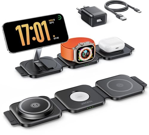 3 in 1 Faltbare Ladestation für iPhone/iWatch/AirPods, Mag Safe Ladegerät | Reise-Ladestation for iPhone 17 16 15/Apple Watch/AirPods, 3 Geräte Gleichzeitig Laden, Ohne Kabelchaos für Zuhause, Büro