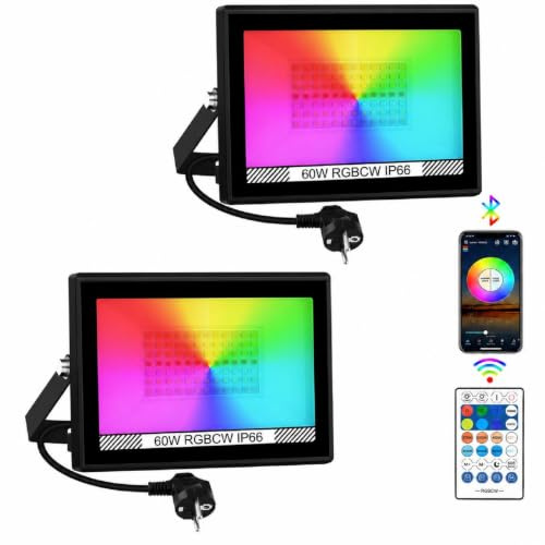 T-SUNUS RGB LED Strahler Außen 60W, RGB Strahler Outdoor Dimmbar mit Bluetooth APP Steuerung, IP66 Wasserdicht Smart Flutlicht 16 Million Farben für Party Baum Garten