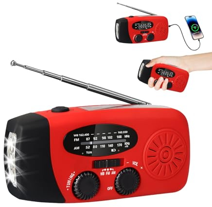 Survival-Radio, Solar-Radio, Tragbar, Notfallradio mit LED-Lampe, 3 Modi & SOS-Alarm, USB-Ladegerät 5 V für Telefon, 3 Lademodi (Kurbel/Solar/USB) IPX3 wasserdicht (A)