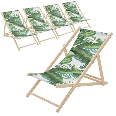 ECD Germany 5er Set Liegestuhl klappbar Tropical Grün-Weiß, aus Holz, Sonnenliege mit verstellbarer Rückenlehne, Strandliege bis 120 kg, Gartenliege, Strandstuhl, Relaxliege für Garten Balkon Terrasse