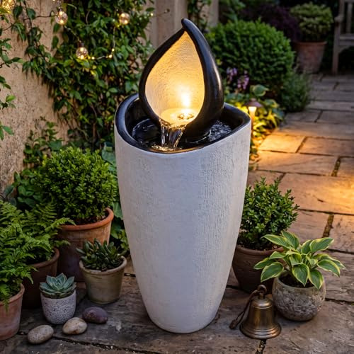 COSTWAY Springbrunnen, 34,5 x 92 cm, Gartenbrunnen mit LED Beleuchtung & Pumpe, Kunstharz, Zimmerbrunnen für draußen, Wasserfall Wasserspiel wetterfest, Brunnen für Garten Terrasse Balkon, Weiß