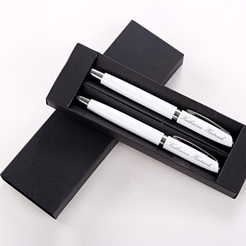 Kugelschreiber Schreibset Alphabet mit Gravur - Farbe weiß - Drehkugelschreiber und Rollerball schwarzschreibend - mit Geschenk-Etui