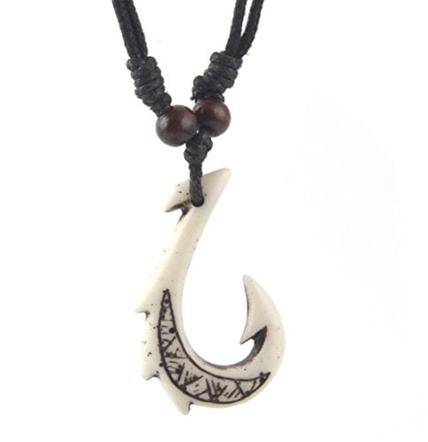 HZMAN Hawaiian White Fish Hook Pendant Hemp Cord Chain - Maori Tribal Necklace Jewelry Gift