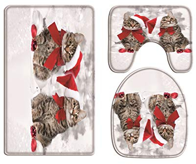 A.Monamour Badezimmer Badematte 3 Teilig Set Zwei Katzen Paare In Roten Tiere Sankt Hut Themed Weihnachten Urlaub Dekoren Flanell Saugfähig Badteppiche Badvorleger Badgarnitur WC Vorleger