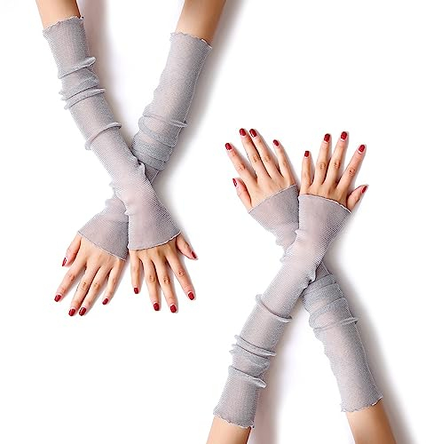 MUYDZ 2 Paar lange Armstulpen für Damen, mit Spitzen-Mesh-Tüll, kühlend und wärmend, Doppelzweck-Sonnenärmel für Damen, Mädchen, Grau, 20.5 inches long