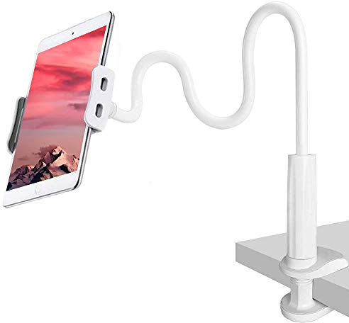 CLM-Tech Soporte Tablet Soporte con Cuello de Cisne Soporte Tablet Móvil Multiángulo Compatible con iPad, iPhone, Switch, Samsung Galaxy Tabs, 78cm Largo, Blanco