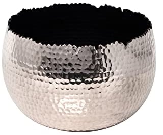Ivyline Round Hammered Planter Bowl in Nickel/Black - UV Stable & Waterproof Premium Quality Indoor Iron Decorative Flower Plant Pot - H21cm x D30cm