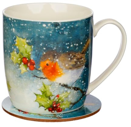 Puckator Jan Pashley Christmas Robin Porcelain Tea Coffee Mug & Coaster Set - Funny Home Accessories - Cute Gifts for Girlfriend - Large Mugs for Men Women Hot Drinks Cups Presents Secret Santa Gift