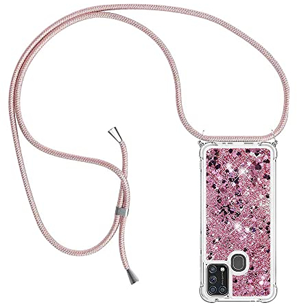 PekaTech Handykette für Samsung Galaxy M31, Glitzer Flüssig Bewegende Treibsand Hülle mit Band Umhängetaschen+Hüllen mit Umhängeband Handykordel mit Schutzhülle Stylische Kette mit Case