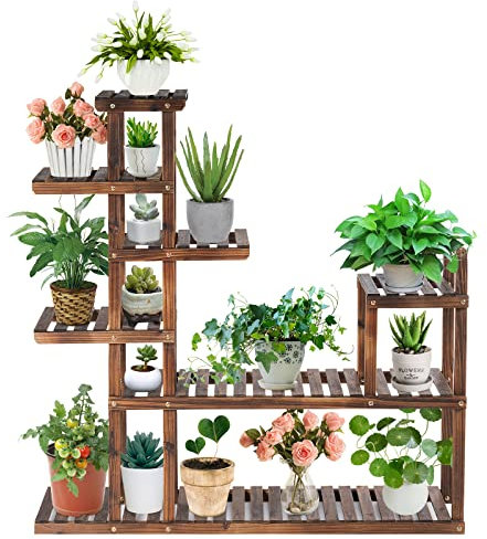 RELAX4LIFE Étagère à Fleurs en Bois, Support de Pots avec Grande Capacité pour Décoration, Porte-Plantes Extérieur et Intérieur (7 étagères / style1)