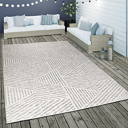 Paco Home Outdoor Teppich Wetterfest Balkon Küche Modern Skandinavisch Streifen Muster Grau Creme, Grösse:120x170 cm