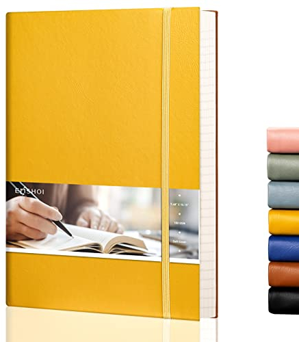 EMSHOI Quaderno B5 a righe in ecopelle con copertina morbida, 204 pagine, 100 g/m², carta premium con passante per penna, blocco note per ufficio, casa, scuola, azienda, grande, 19 x 25 cm, giallo