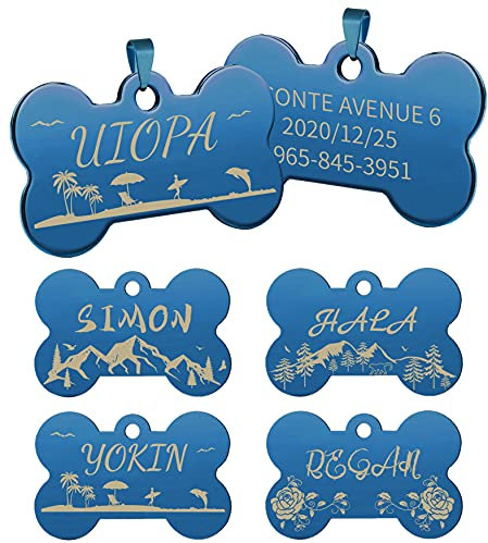 Dog Tags for Pets Engraved, Uiopa Cat/Dog ID Tags, Pet Tags Engraved Cats Dog Name Tag Personalised Bone Engraved Cat Tag Stainless Steel Collar Identity Plate for Puppy Kitten (Blue Beach, S)
