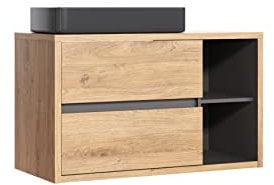Devon Waschbeckenunterschrank 100 cm für Waschbecken auf der Arbeitsplatte, Waschbeckenunterschrank zum Aufhängen, Farbe Eiche/Schwarz, moderne Badezimmermöbel