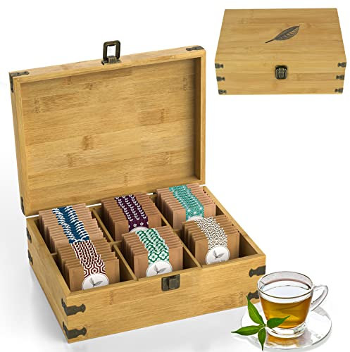 Zen Earth Inspired Bamboo Tea Organizer Box Chemical Free Eco-Friendly Big, Tall, Adjustable Cubbies Natural Wooden Storage Chest (6-Slot 11 x 8.1 x 4.2 with Tea Leaf design)