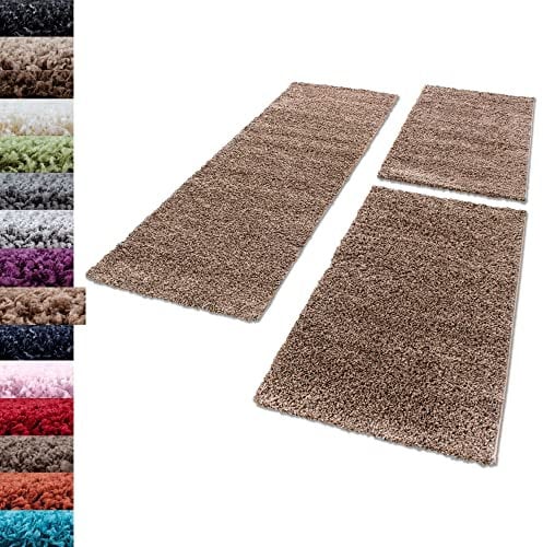 Carpettex Bettumrandung Schlafzimmer 3teilig Shaggy Teppich Hochflor Einfarbig Mocca Bettset:2 mal 100x200 + 1 mal 80x250 - Bettvorleger Schlafzimmer Läuferset Weicher Flauschig Bettumrandung Teppich