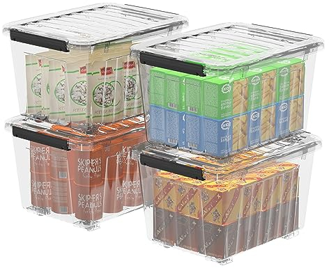 Cetomo 35L*4 Storage Boxes with Wheels, Plastic Storage Bins with Lids, Latching Buckles, Click Closure, Stackable, Nestable, Organizer for Home Office Clothes, Clear, 35L-4 Pack