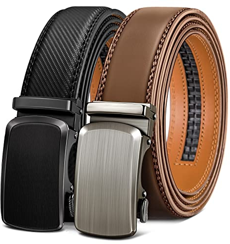 KEMISANT Gürtel Herren 2er, Gürtel Ratsche Automatikschließe Ledergürtel für Herren Verstellbar 35mm Breit mit Geschenkbox(Schwarz/Tawny-120cm/34-40 taille verstellbar)