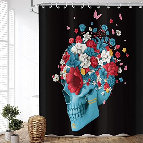 ASDCXZ Rideau de Douche Crâne 165x180 cm, Crâne d'art Moderne avec Fleur colorée Papillon Noir Lavables en Textile Rideau Douche imperméable pour Baignoire avec 12 Crochets