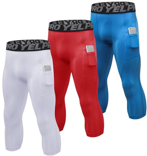 1 or 3 Pack Men's 3/4 Compression Pants, Dry Fit Men Running Leggings 3/4 Tights Gym Capri Pant Football Basketball, White+red+blue, Large
