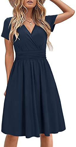 STYLEWORD Women's Summer Dress Short Sleeve V-Neck Sundress Navy Wrap Waist Casual Dress with Pockets(Navy,X-Large)