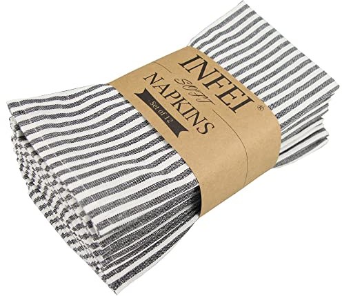 INFEI Weich Einfach Gestreift Baumwoll-Leinen gemischt Abendessen Cloth Servietten, 12 Stück (40 x 30 cm), für Veranstaltungen und den Heimgebrauch (Schwarz)
