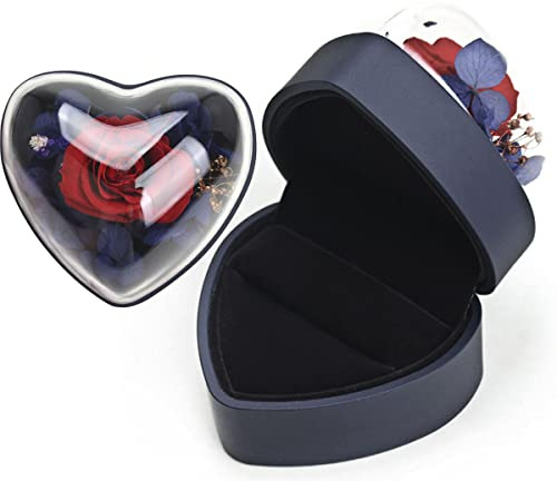 Hsiwto Preserved Flower Rose Ring Box, Heart Shape Velvet Jewelry Box for Valentine's Day Mother's Day Wedding Anniversary Birthday Gift, Dark Blue GB023-HRBU