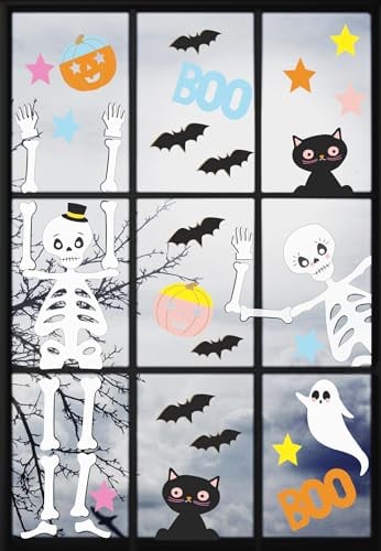 Halloween Reusable Window Stickers (NO Glue) Super Spooky Fun Party Decorations Kid Friendly Glass Clings, Featuring Bats, Skeletons, Black Cats, Pumpkins- Made by Talking Tables UK | 6 Sheets