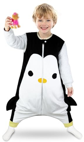 mama stadt Baby Schlafsack mit Füßen 1.5 Tog, Ärmelloser Unisex Kinderschlafsack Schlafstrampler Flanell 4 Jahreszeiten Schlafanzug Schwarzer Pinguin/1-2 Jahre