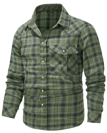 Mr.Stream Chemise à carreaux en flanelle à manches longues Western Cowboy Vintage Pearl Boutons pression Chemise de travail Chemise de loisirs avec poche poitrine, vert, M