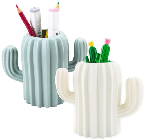 YANJINGHE 2 Pièces Porte Stylo de Bureau, Porte Pot Organisateur, Pot a Pinceau de Maquillage, Créatif Drôle Forme de Cactus Pot à Crayons pour Bureau, Fournitures de Bureau, Coiffeuse (Blanc, Vert)