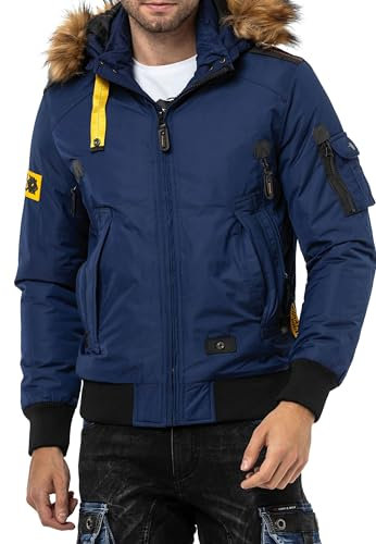 Cipo & Baxx Herren Freizeitjacke Bomberjacke Collegejacke Kapuze Fell Reißverschluss Jacke Outdoorjacke CM220 Dunkelblau XL