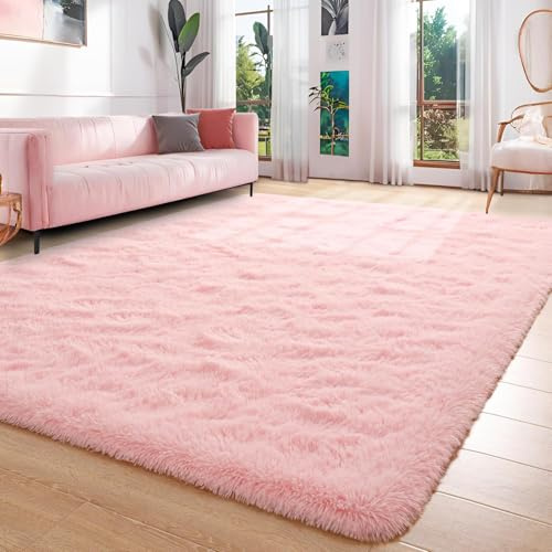 Oxford Homeware – Tapis de salon 120 x 170 cm – Tapis moelleux et pelucheux rose pour chambre, salon – Tapis doux antidérapant lavable moderne pour sol, tapis de chevet pour chambre d’enfant