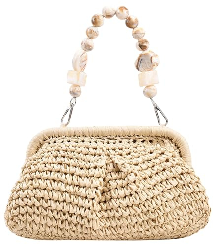 Bolso De Rafia,Embrague De Rafia, Bolsos De Paja para Mujer Monedero De Paja Tejida Embrague De Paja Informal con Asa De Cuentas Elegante De Verano para Viajes De Vacaciones En La Playa, Beige