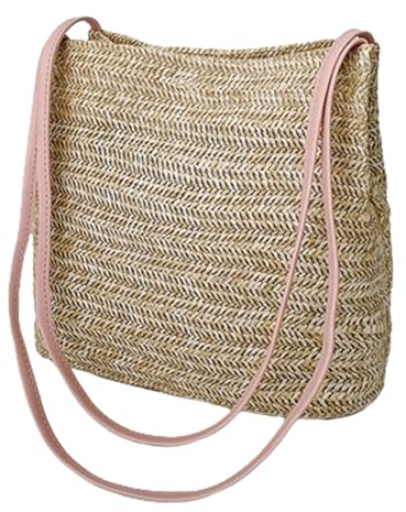 Bolso de playa de paja de verano, bolso de cubos, bolso de paja de hombro bohemio con cierre de metal para ir de compras, trabajo, escuela, viajes (pink)