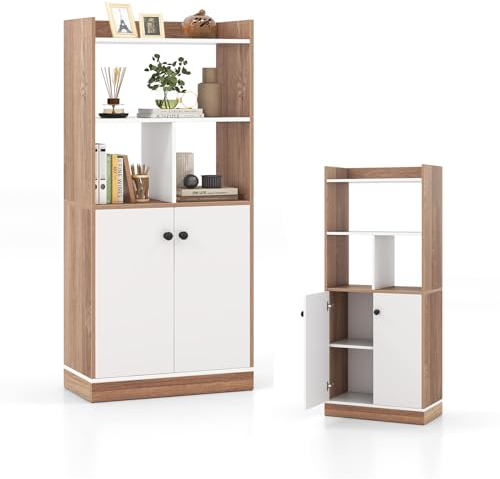 KOMFOTTEU Bücherregal aus Holz mit Türen, Wohnzimmerschrank Aufbewahrungssäule mit 2 offenen Regalen, Aufbewahrungsregal Aktenregal Standregal 60 x 30 x 140 cm, Weiß & Natur