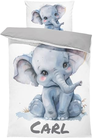 Pictogogo Süßes Elefant-Design Kinderbettwäsche für Mädchen und Jungen mit Namen, Personalisiert, Wählbare Baumwollunterfarbe (Weiß, Rosa, Blau, Grau), Oeko-TEX, 135 x 200 cm