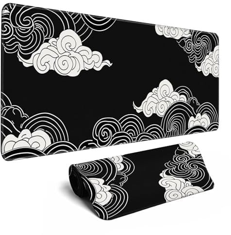 Black and White Mouse Pad Japanese Clouds Mouse Pad XL Anime Big Mouse Pads for Desk Large Gaming Large Mouse Pad for Men Desk Pad with Stitched Edges Non-Slip Large Computer Mat, 31.5x11.8 in