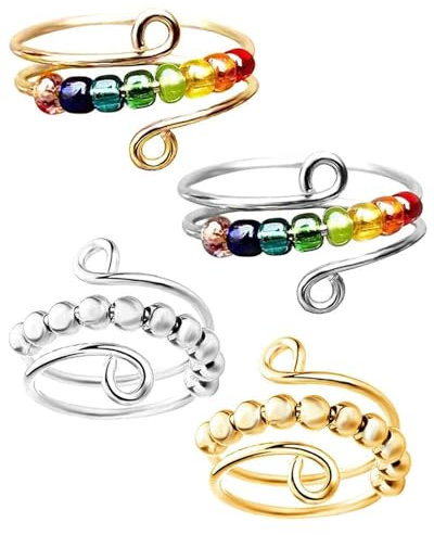 UYRVAPE 4pcs Verstellbare Anti Stress Ring, Linderung von Ängsten, Silber/Gold, Angst Spinning mit Perlen,Offene Spinner Damen,Anxiety Stressringe für Mädchen und Frauen