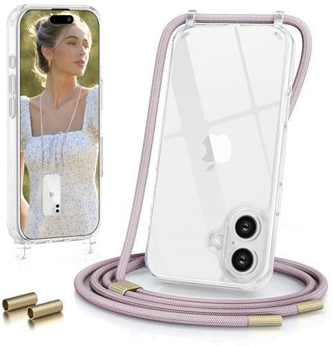 GOODVISH Handykette für iPhone 16 Hülle mit Band (6.1) | Kameraschutz und Bildschirmschutz | | Necklace Handyhülle mit Schnur Schutzhülle für zum Umhängen | Transparent Case mit Kordel, Rosé Gold