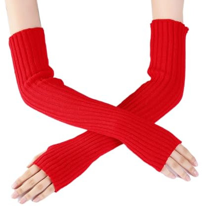 Blausky 1 Paar Winter Gestrickte Handschuhe,Wärmer Handstulpen,Lange Fingerlose Handschuhe,Armwärmer Stulpen,Fingerlose Armstulpen,Handwärmer Stulpen,Dehnbare Häkelhandschuh,Strick Gloves,Rot