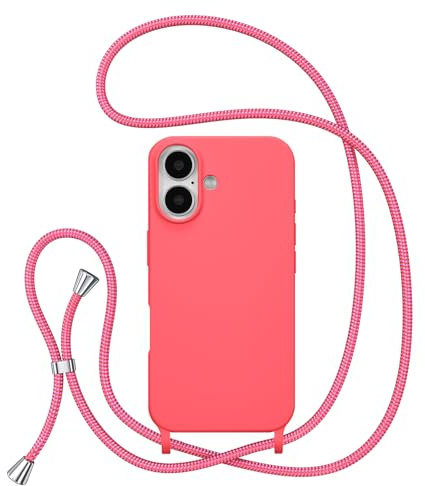 ZTOFERA Crossbody Lanyard Case for iPhone 16, Liquid Silicone Protective Phone Case with Strap Adjustable Neck Cord Necklace Soft Cover for iPhone 16, Hot Pink