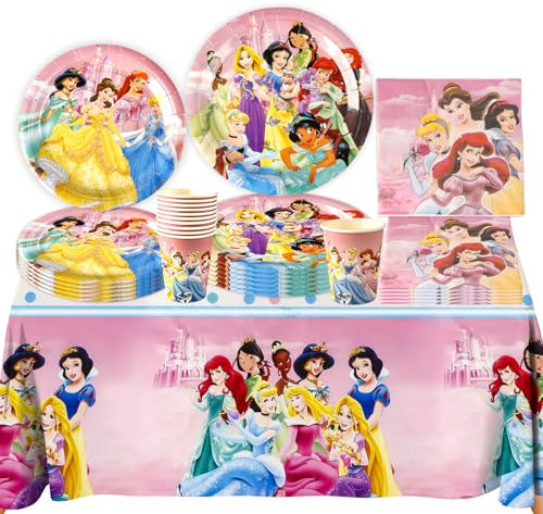 Prinzessin Pappteller Kindergeburtstag Deko Mädchen- 51 Pcs Rosa Prinzessin Partygeschirr Set Prinzessin Geburtstag Deko Geschirr Party Supplies Kit Tischdecke Teller Tassen Servietten 10 Kinder
