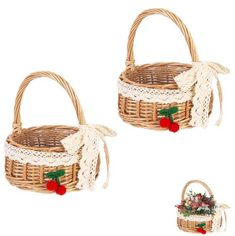 2 Pezzi Cesti per Fiori Intrecciati a Mano, Cesto di Vimini per Fiori In Rattan, Cestini Vimini, Cestino Matrimonio, Cestino per Damigella, per Matrimonio Decorazione Di Casa (Nastro Medio)