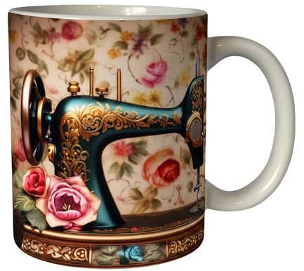 Shopi Zone Taza de Cerámica con Diseño de Máquina de Coser Vintage y Fondo Floral - Estilo Clásico y Elegante