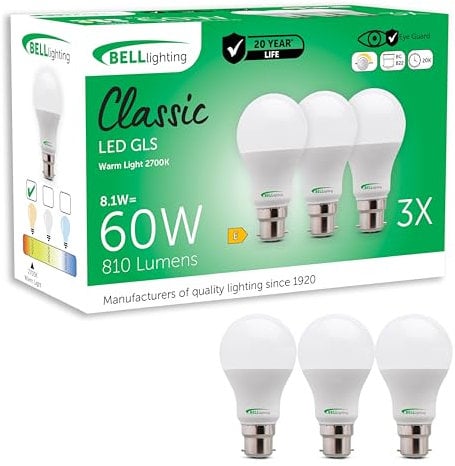 BELL Lighting B22 Bayonet Dimmable LED Bulbs 3 Pack | 8.1 W 810 Lumen Warm White 2700 K | Energy Saving Bayonet Light Bulb | 60 W Equivalent BC LED Bulbs | Classic GLS Bayonet Cap Light Bulb