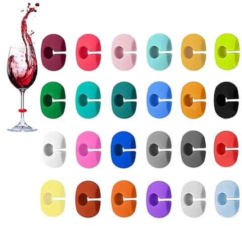 vcsjw Glasmarkierer Silikon 24 Stück,Glas Markierung Trinkgläser,Glasmarker Silikon,Wiederverwendbar,für Weingläser,Sektgläser,Cocktailgläser,zur Kennzeichnung der eigenen Tassen auf Partys