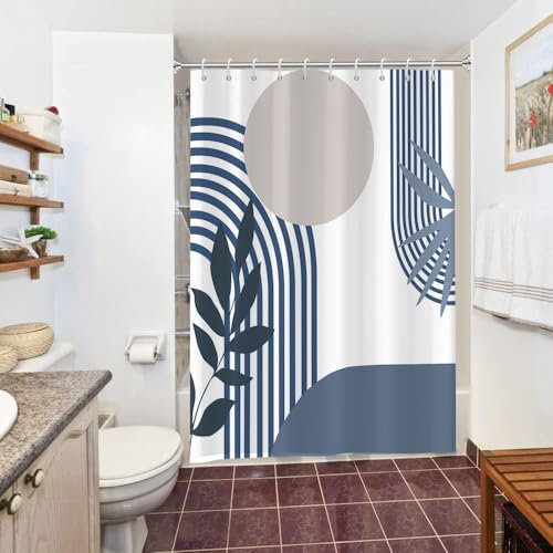 Rideau Douche Anti Moisissure, Uiiooazy Rideau de Douche 150x200cm Bleu Marine Tissu Lavable Abstrait Boho Rideaux de Baignoire Boheme Gris Imperméable Polyester Rideaux Salle de Bain avec 10 Crochets